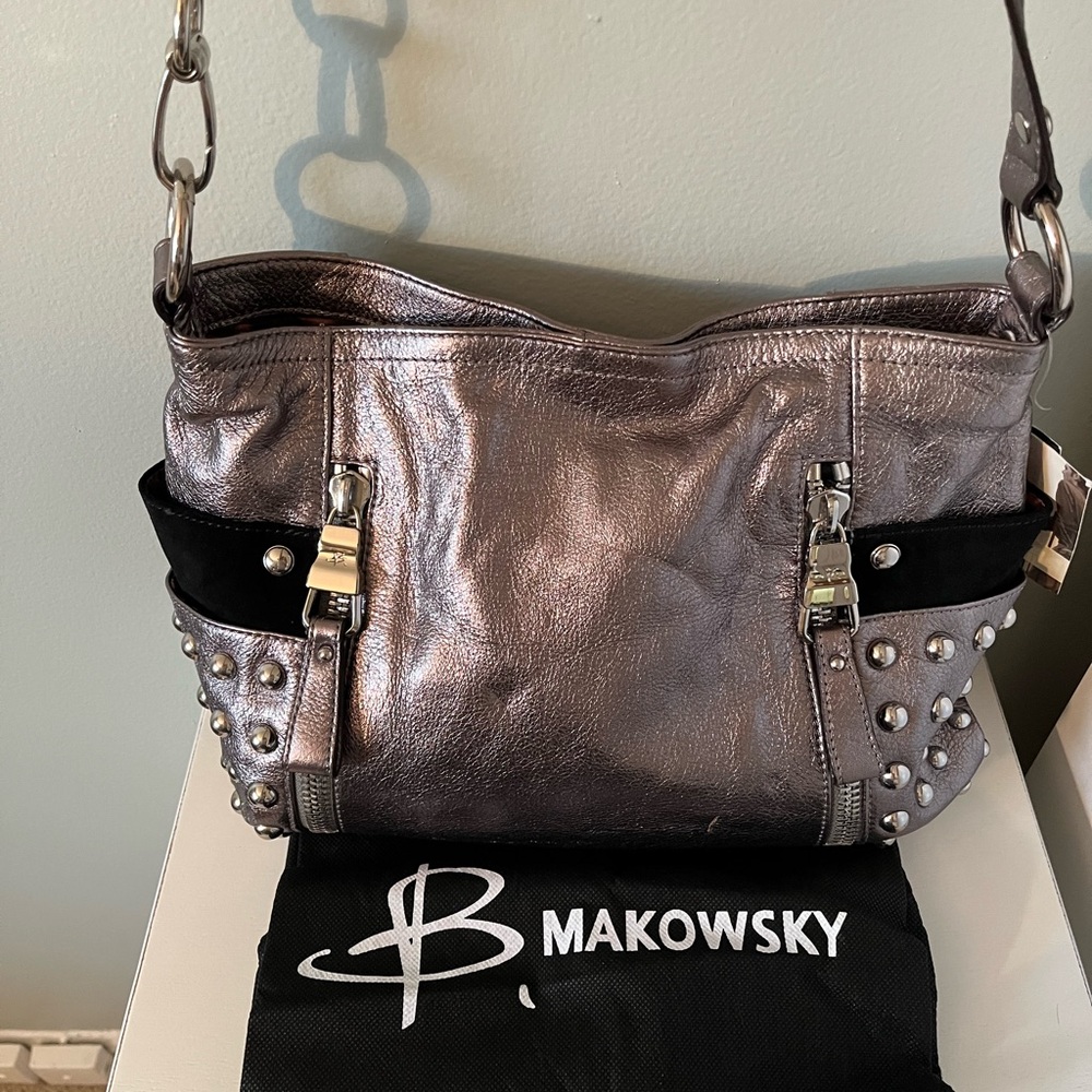 B. Makowsky Vintage Metallic Studded Shoulder Bag